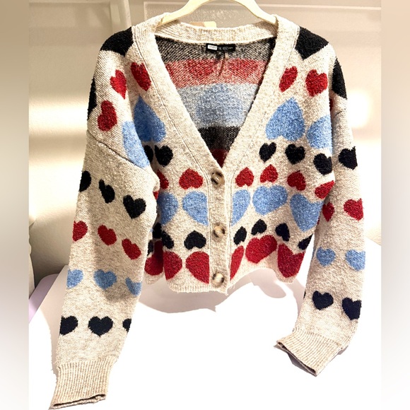 Anthropologie Free The Roses Cropped Cardigan Sweater Red Blue Hearts M - Picture 2 of 9
